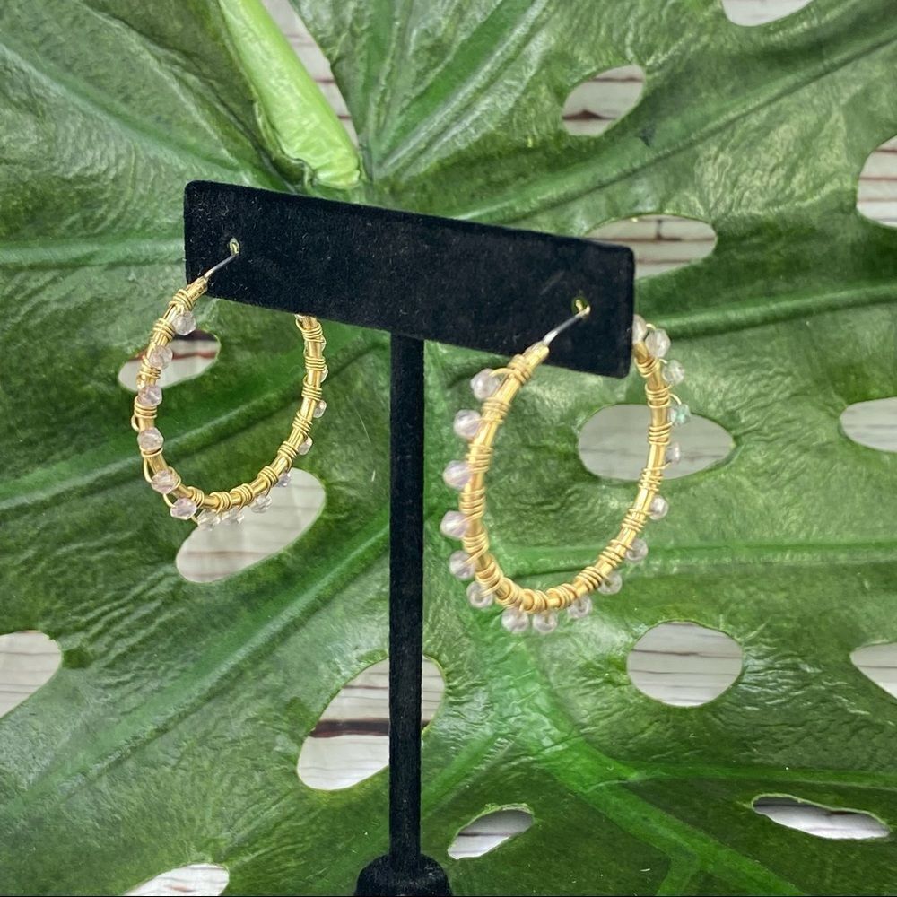 Beaded Wire Wrap Hoop Earrings Purple Gold‎